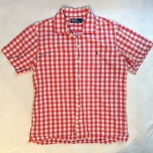 Ralph Lauren Polo Shirt Mens M Pink Red White Button Up Check Gingham Casual
